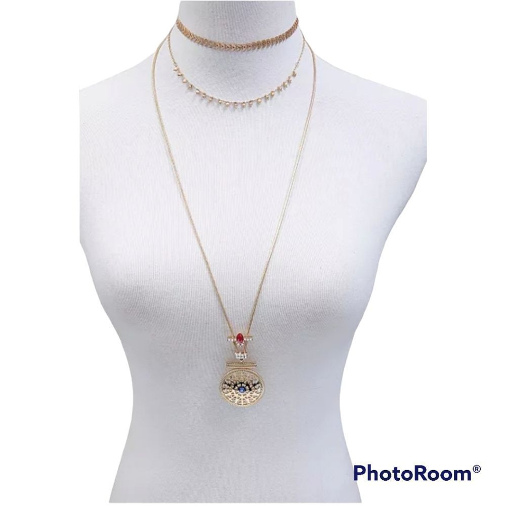 Gold-Tone Crystal & Stone Layered Pendant Necklace, 12" + 2" extender